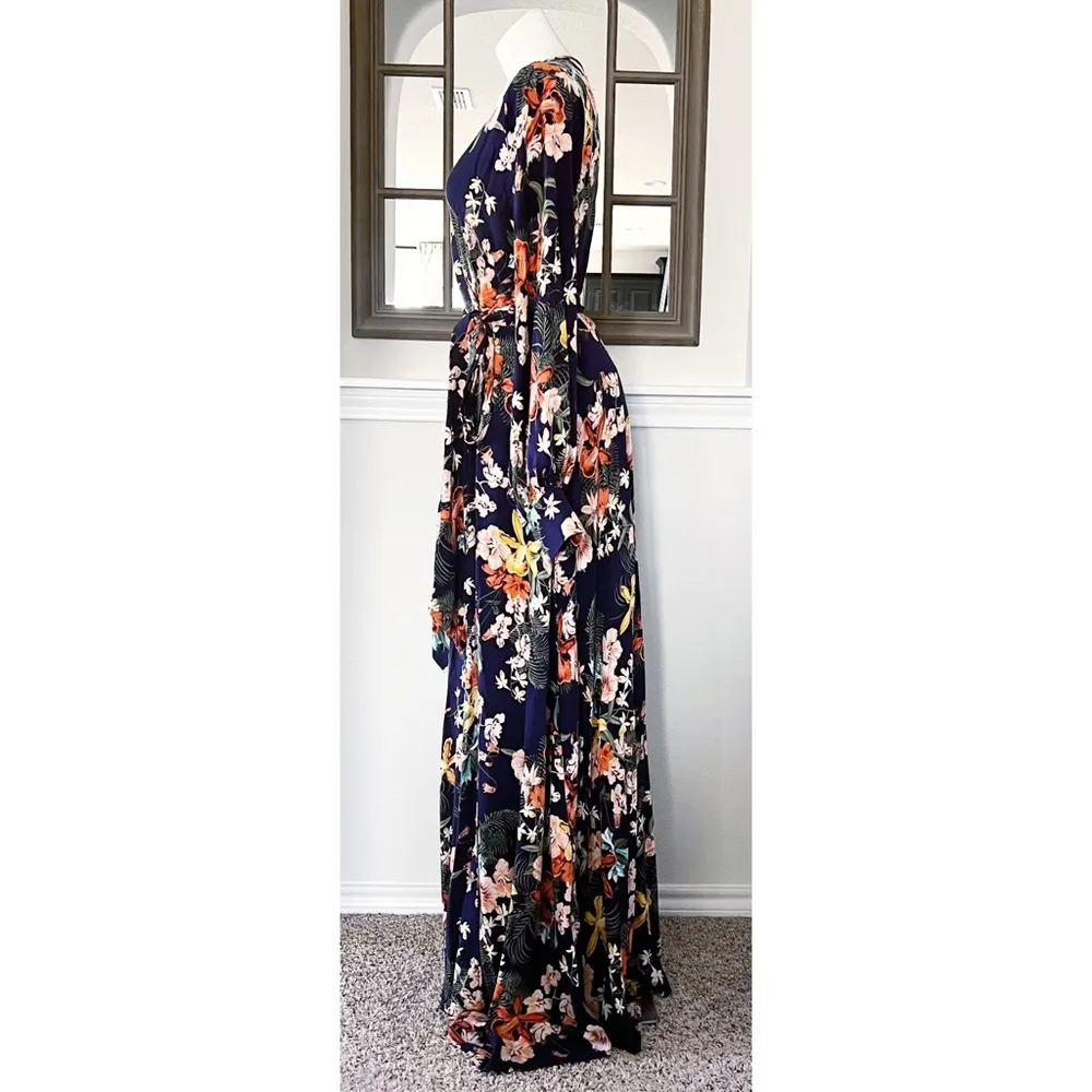 Meghan LA Floral Maxi Dress Navy Lilypad Split Neck Size XL EXCELLENT! $399 - Image 6