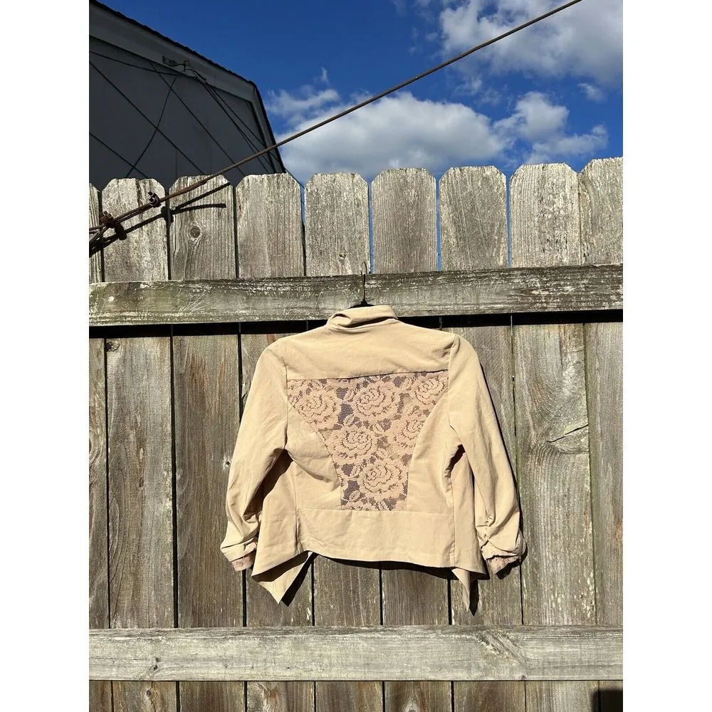 C'est Toi Button Front Lace Blazer Cardigan 3/4 Sleeve Small‎ Fall Light Cute Tan - Image 7