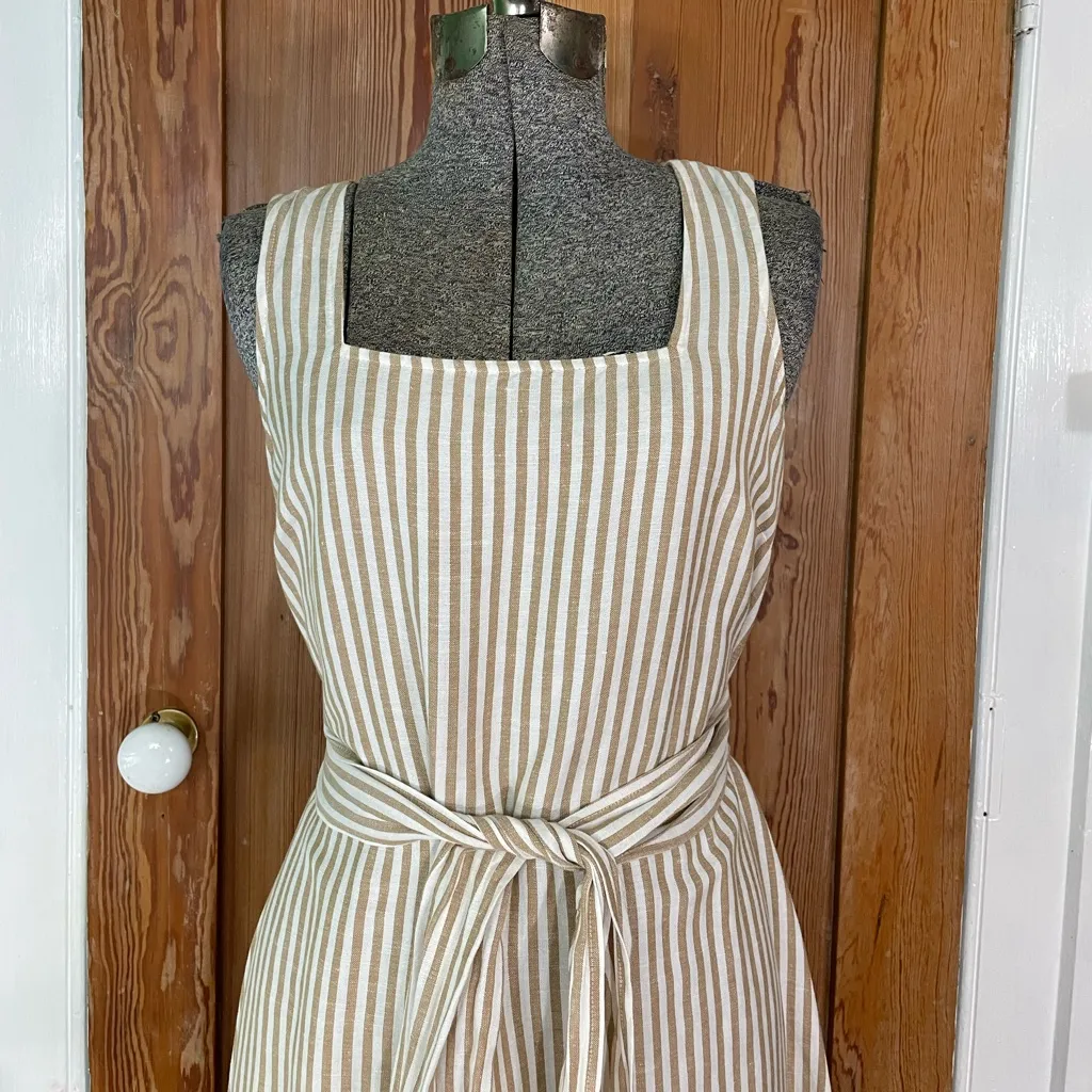 Ann Taylor Linen Blend Neutral Stripe Tie Waist Dress Small Petite 💛🍄 - Image 3