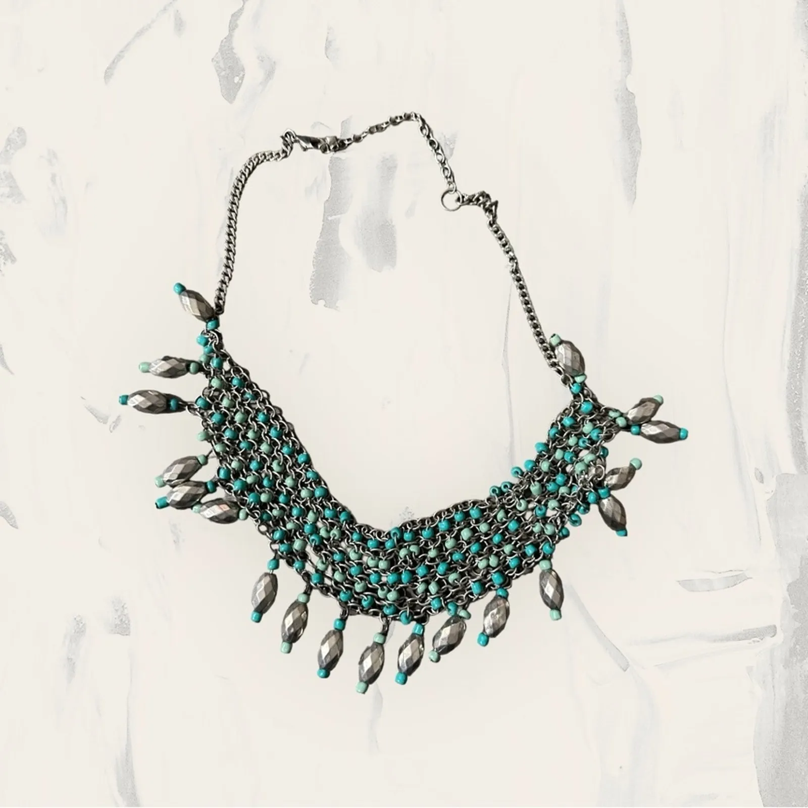 Silver Toned Blue Beaded Waterfall Mail Bib‎ Chunky Dangle Collar Necklace - Image 2
