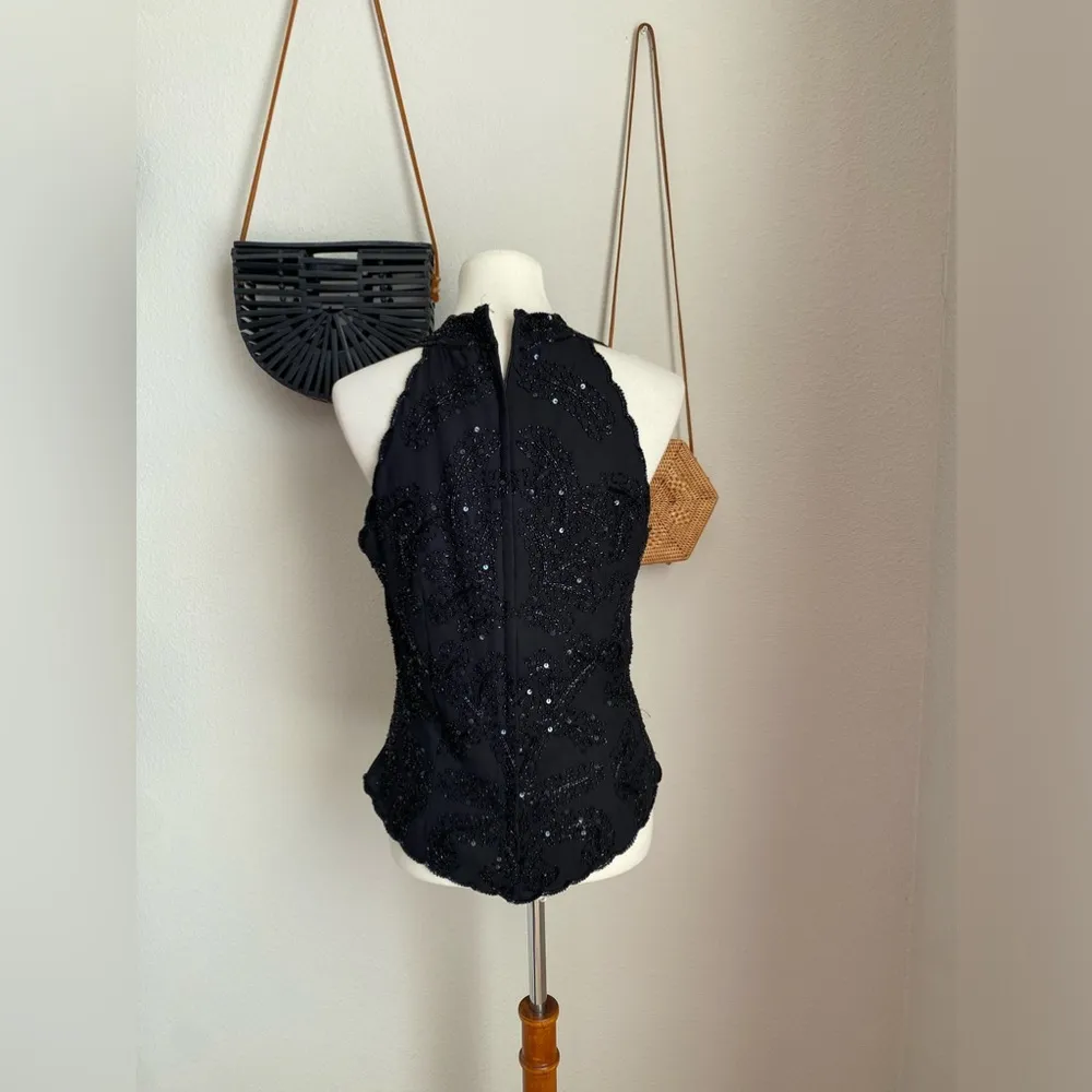 Dressbarn Collection Black Sequin V Neck Top, Size Large - Image 2