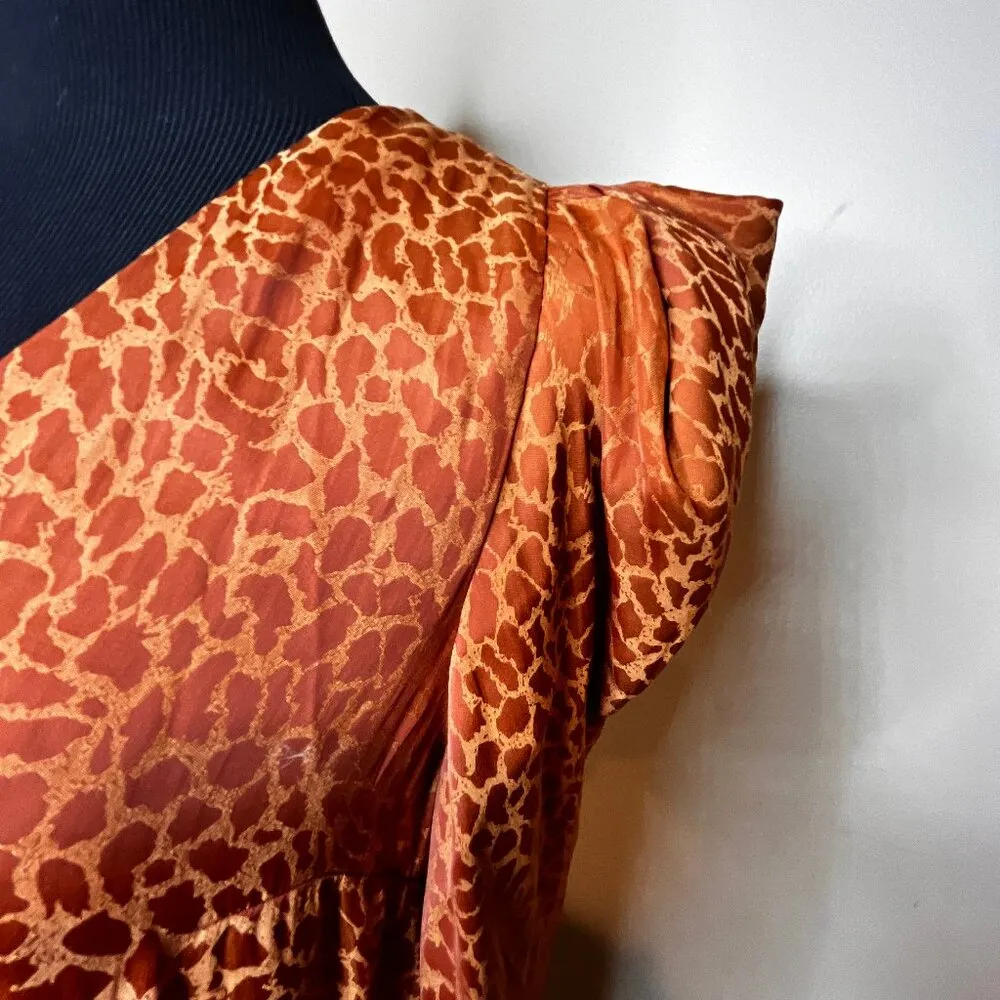A New Day SZ M Animal Print V-Neck Pullover Blouse Orange Bronze Puff Sleeves - Image 3
