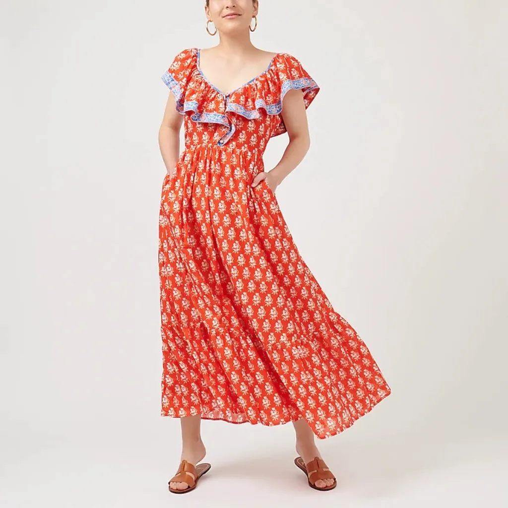NWT J.Crew Flutter V-neck Maxi in Cerise Cove Red Classic Block Print Dress 12 - Image 3