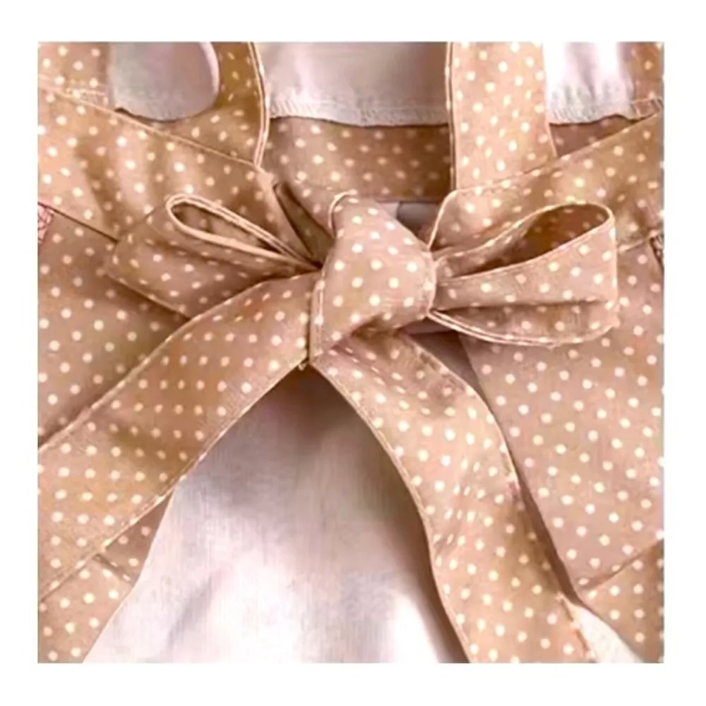 Apron Retro Bib Style Adjustable Waist Tie Ruffle Floral Polka Dot Womens Blue - Image 2