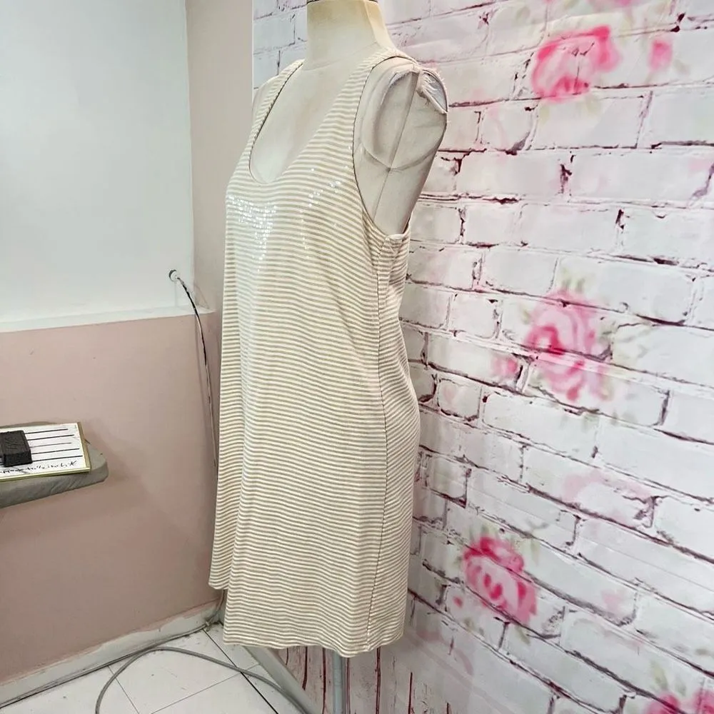 🔥5 for $25 sale🔥 Fossil Sleeveless White & Tan Striped Sequin Mini Tank Dress - Image 3