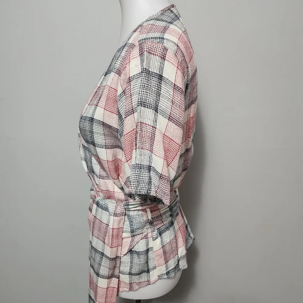 Stitch Fix Pink Clover Black & Red Plaid Knot Side Wrap Blouse Size Medium - Image 4