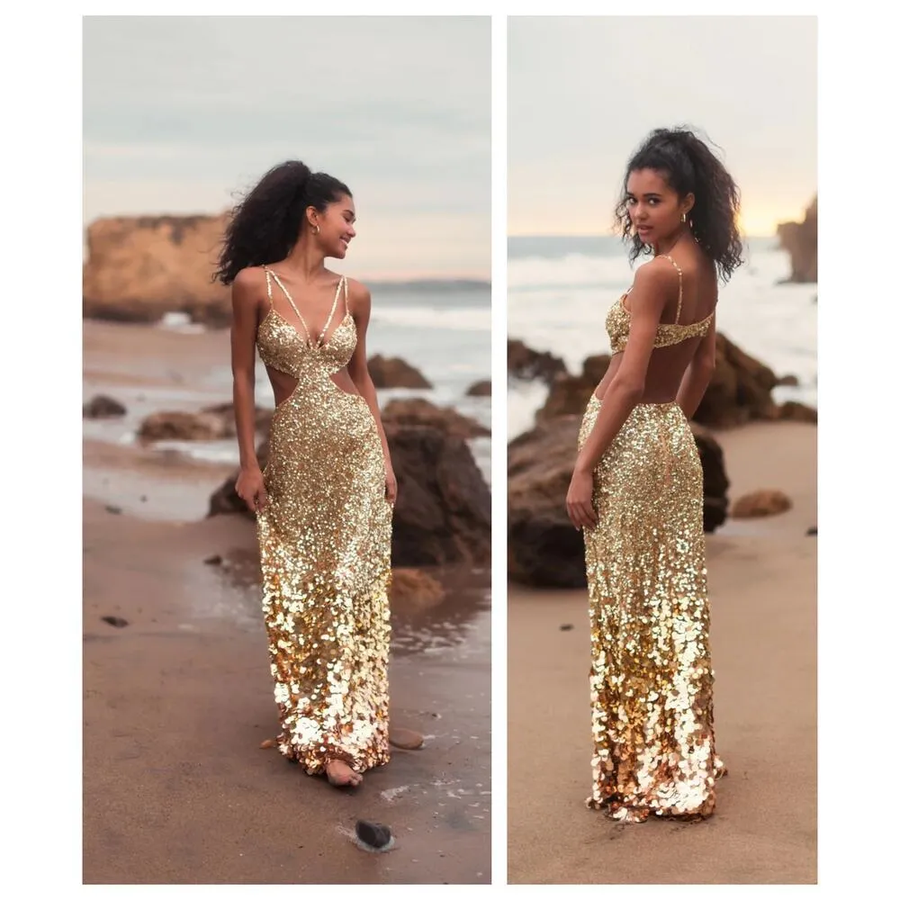 NWT Mac Duggal 6077 Gold Thin Strap Cut Out Gown With Ombre Sequins Size 8 - Image 4