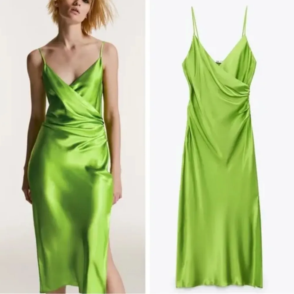 NWT ZARA Bright Green Satin Slip Midi Dress Sz XL Drapey Wrap Side Slit - Image 6