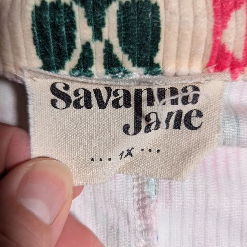 Savanna Jane Ivory Pink Green Aztec Tribal Print Corduroy Blazer Jacket Sz 1X - Image 3