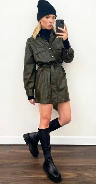 Khaki Faux Leather Button Down Mini Dress - Image 2