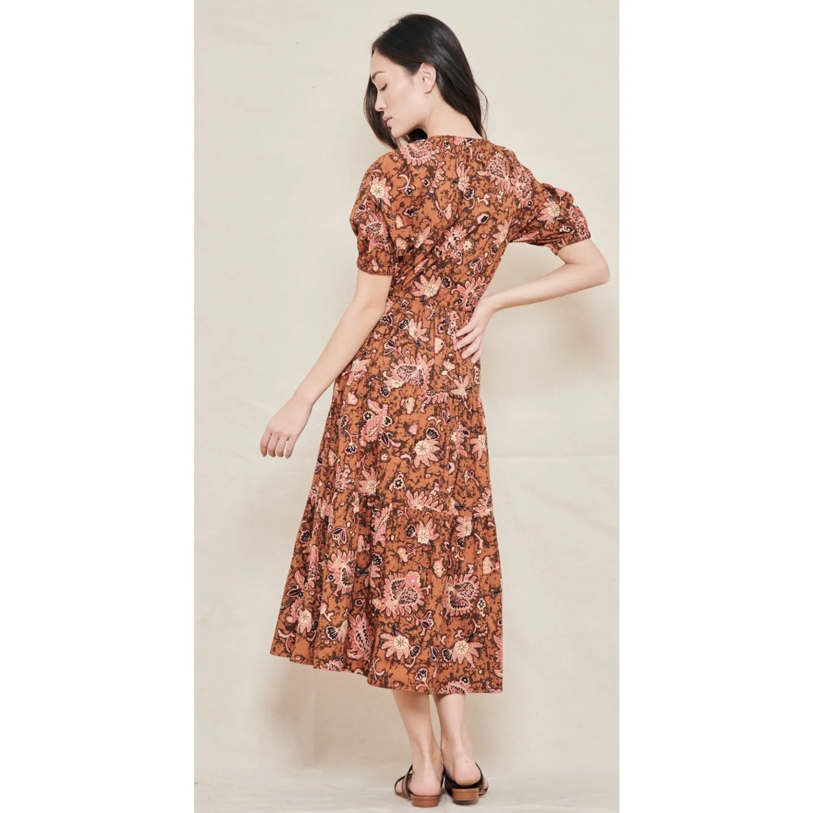 A.L.C. Mischa Boho Poplin Cotton Printed Midi Dress in Cognac & Coral Size 2‎ - Image 2
