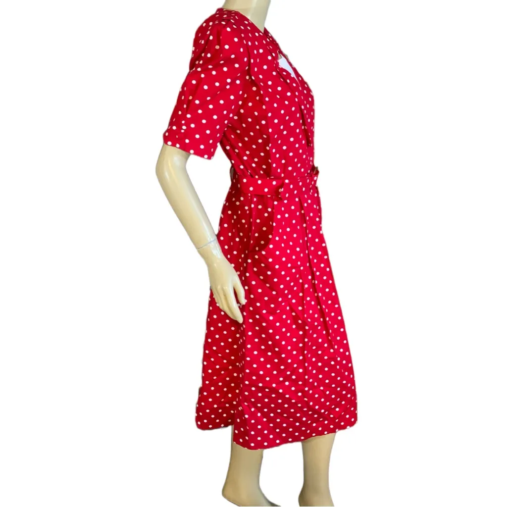 VINTAGE 1980'S V.L.P. PETITES RED & WHITE POLKA DOT DRESS WITH BELT (8P) - Image 3