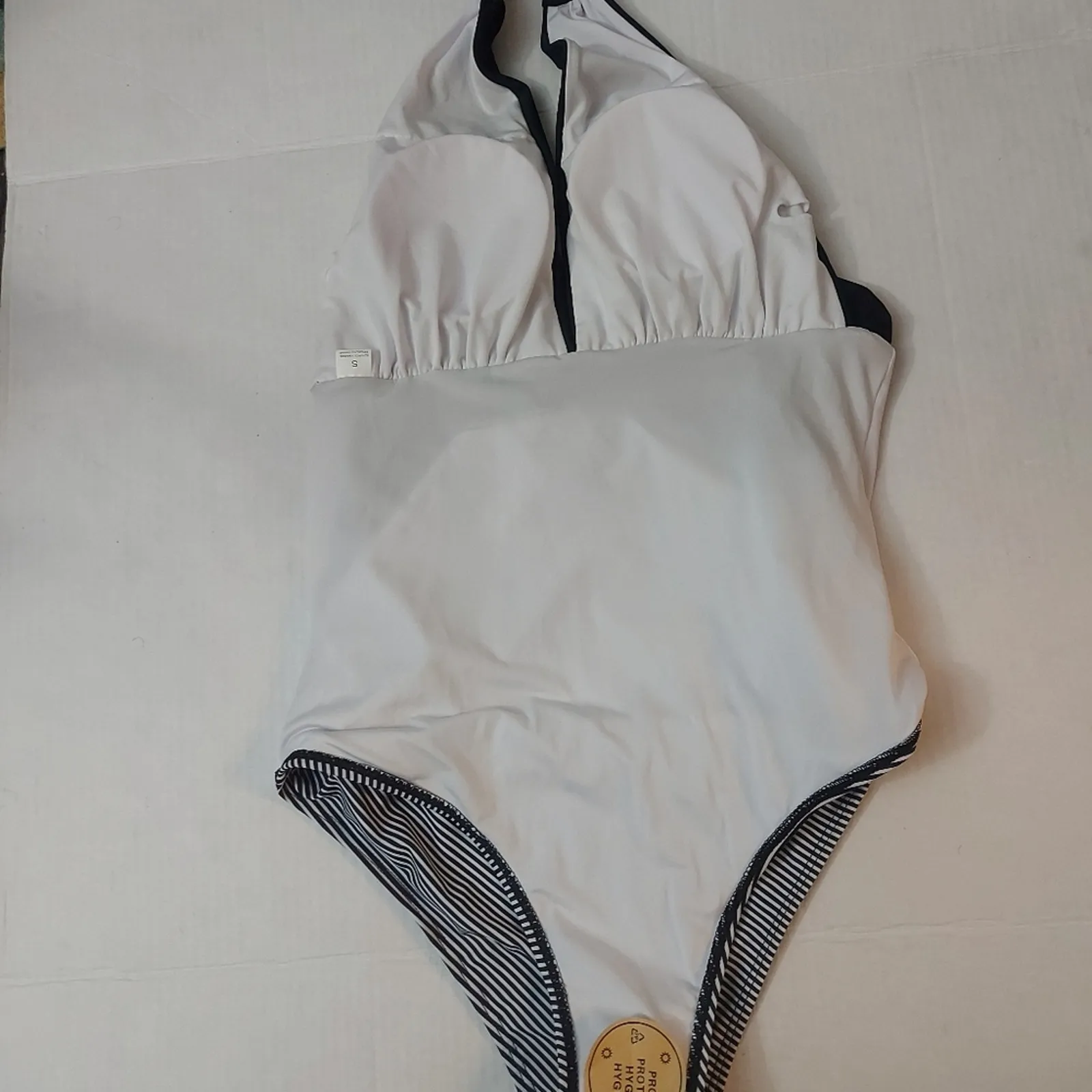 Black/White Halter Striped One Piece Bathing Suit S Swimwear Classic Mermaid NEW Black - Image 5