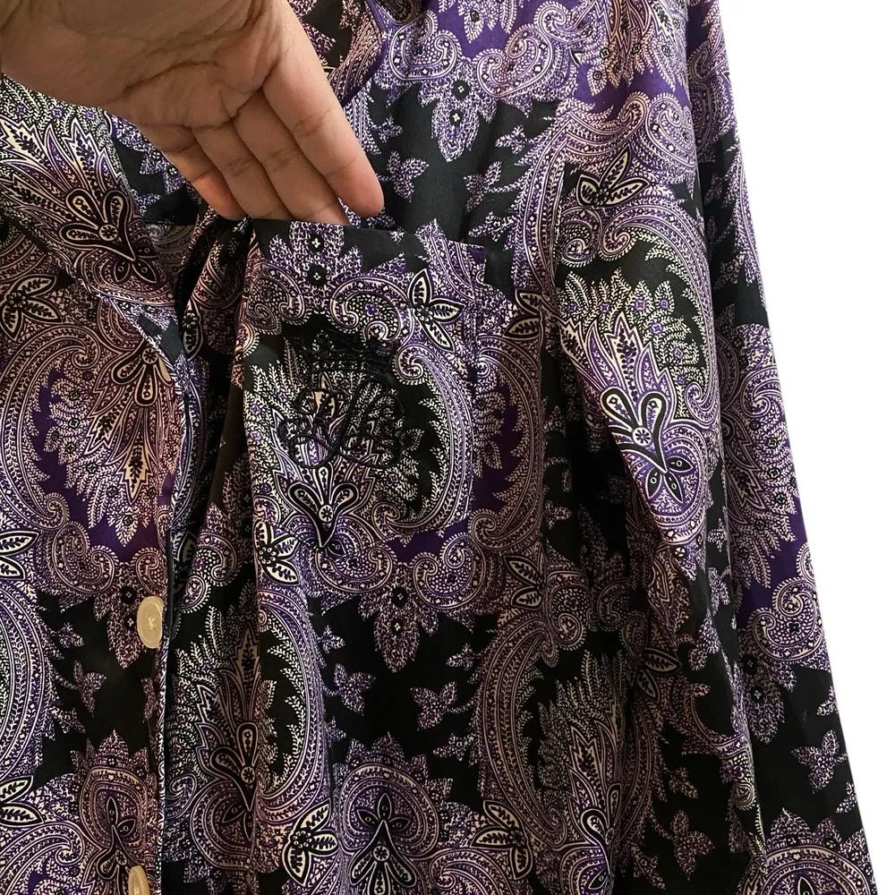 Lauren Ralph Lauren Large Pajama Top Button Down Purple Paisley Floral Satiny - Image 5