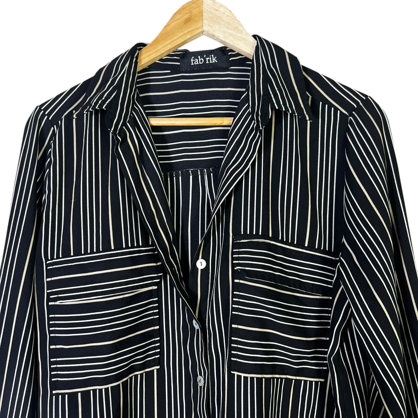 Fabrik Striped Button Down Blouse Womens M Black White Career Chic Office - Image 2