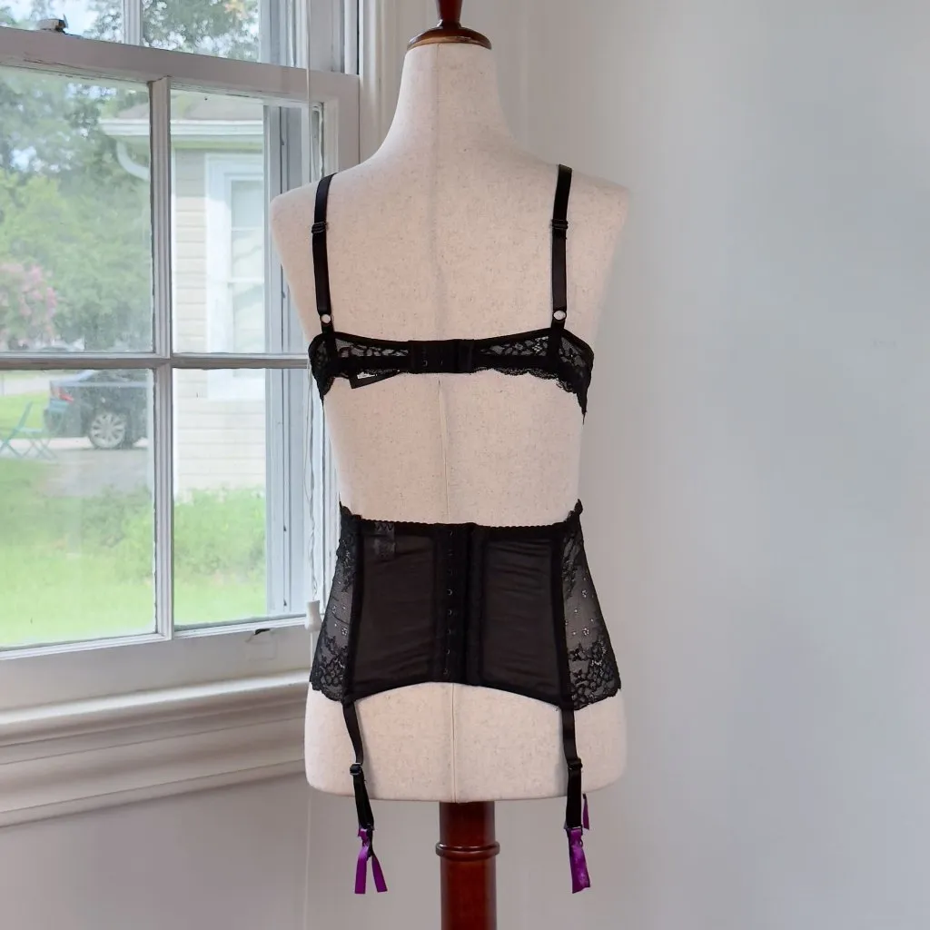 Escante Purple and Black Lace Lingerie Set Push Up Bra Garter Belt Medium Sexy - Image 4