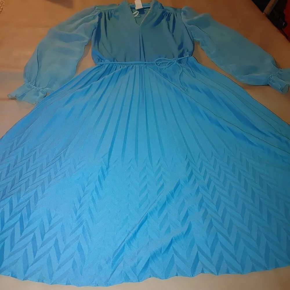 Women's Blue Midi 60 Sheer Polyester Long Sleeve Zig Zag V Neck Dress Vintage Size M - Image 4