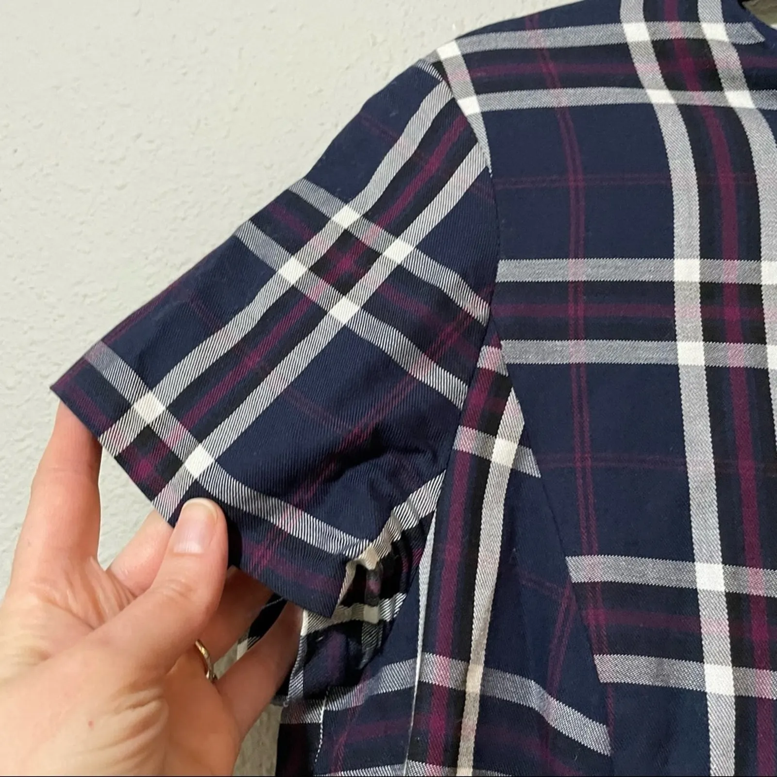 Halogen Blue Plaid Dark Academia Sheath Dress Womens MP Short Sleeve Peplum - Image 3