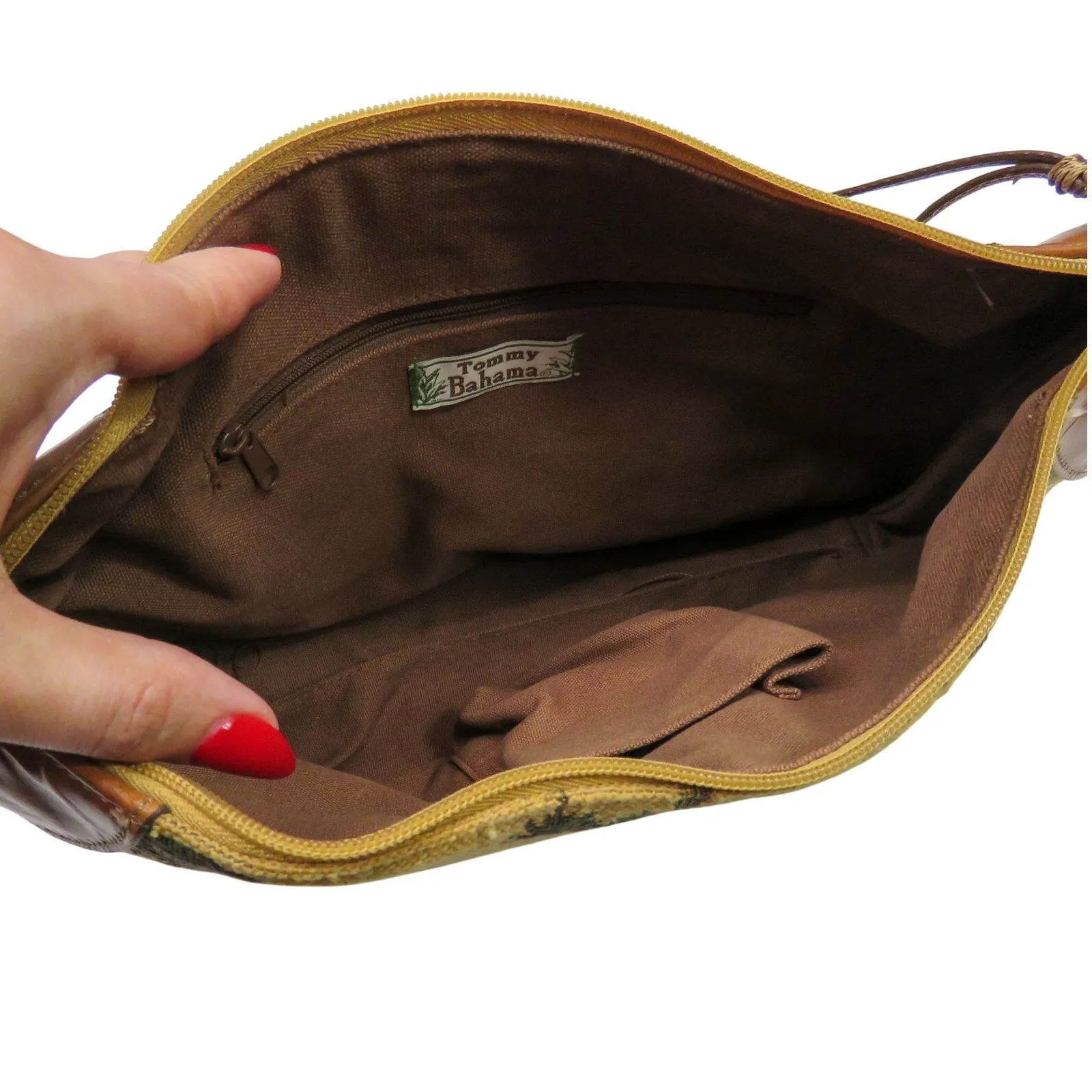 90s Vintage Tommy Bahama Tropical Canvas Tapestry Palm Tree Mini Bag Leather - Image 5