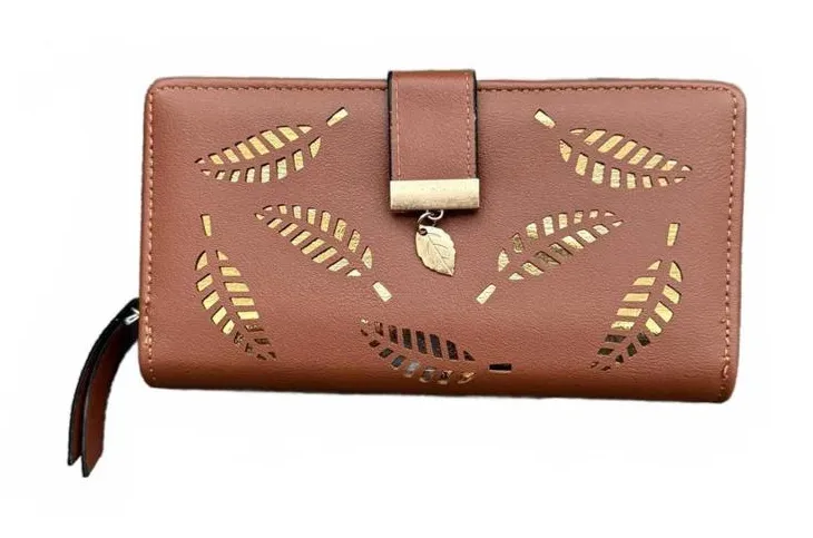 New Women's Brown Envelope Wallet Cutout Gold Leaves ID Holder Bills Coins - Image 1