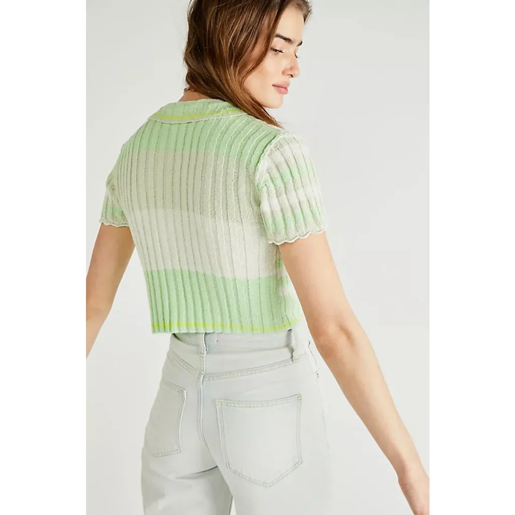Free People NWT Flirt Cardi‎ Short Sleeve Sweater Green Cream Stripe Size Medium - Image 2