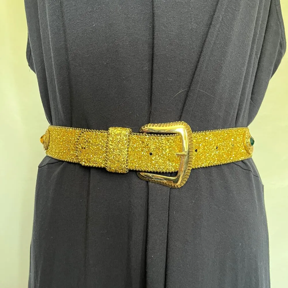 Glittery Gold Womens Belt Size Small Jewel Medallions L Gold Buckle 1.75" Retro - Image 13
