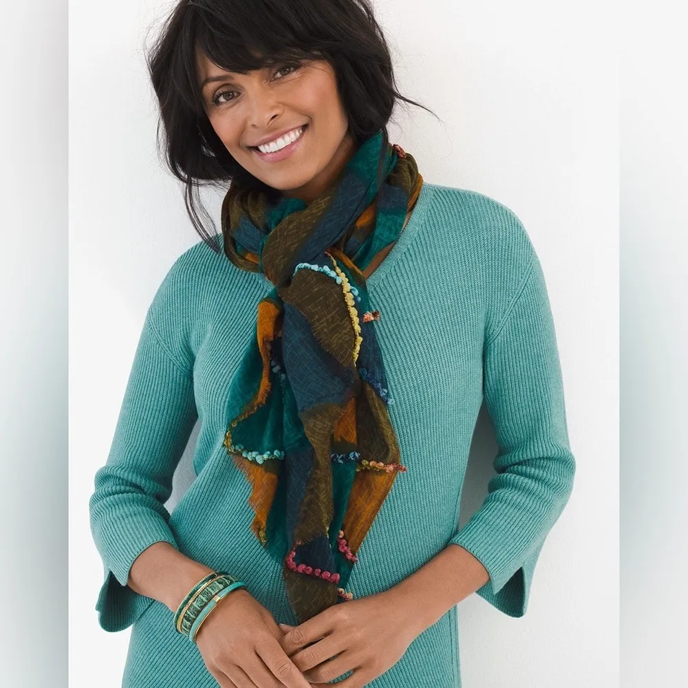 Chico's Chico’s Multicolor Diamond Print Patchwork Pom Pom Rectangular‎ Scarf - Image 4