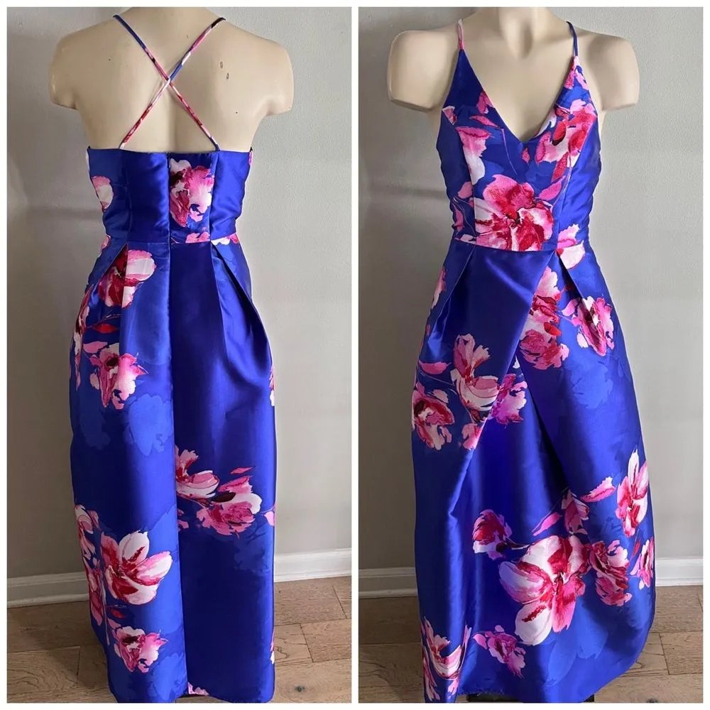 By & By Floral Satin Midi Dress Small Criss Cross Back Wedding Guest Cocktail Blue Size undefined - Image 2