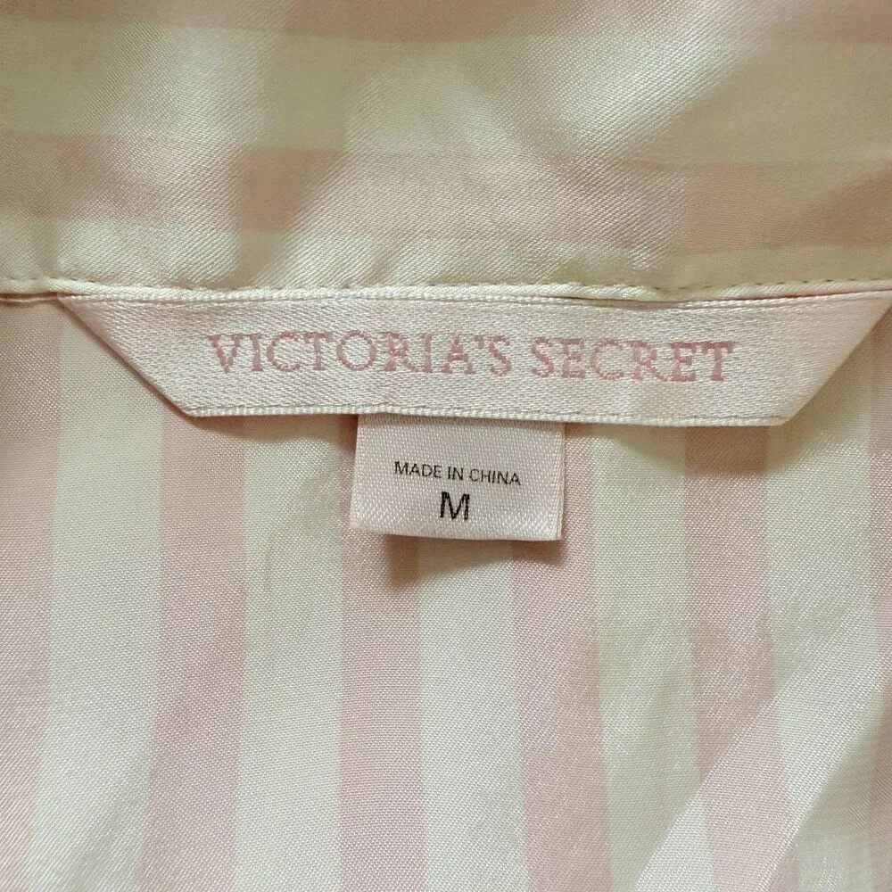 Rare VTG Y2K Victoria's Secret Pink Satin Striped Pajama Set Drawstring M -Stain - Image 5