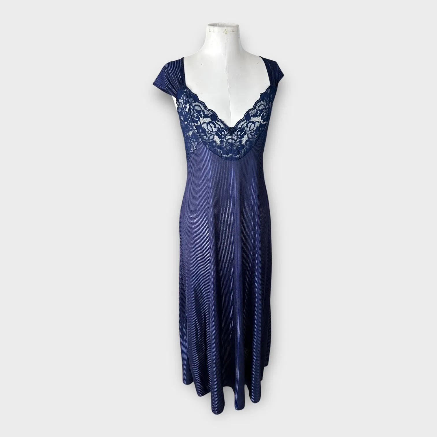 Vintage Petra Fashions Maxi Nightgown with Lace Panel Women's sz Large Navy Blue - Image 8