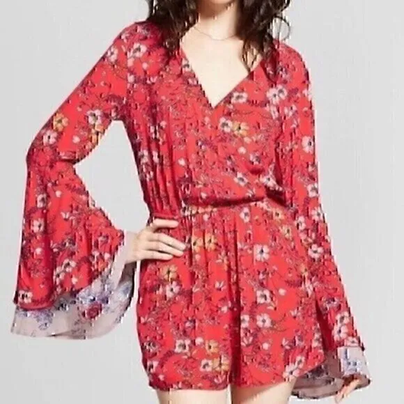 XHILARATION Coral Red Multi Floral Long Bell Flare Sleeve Wrap Surplice Romper S - Image 2