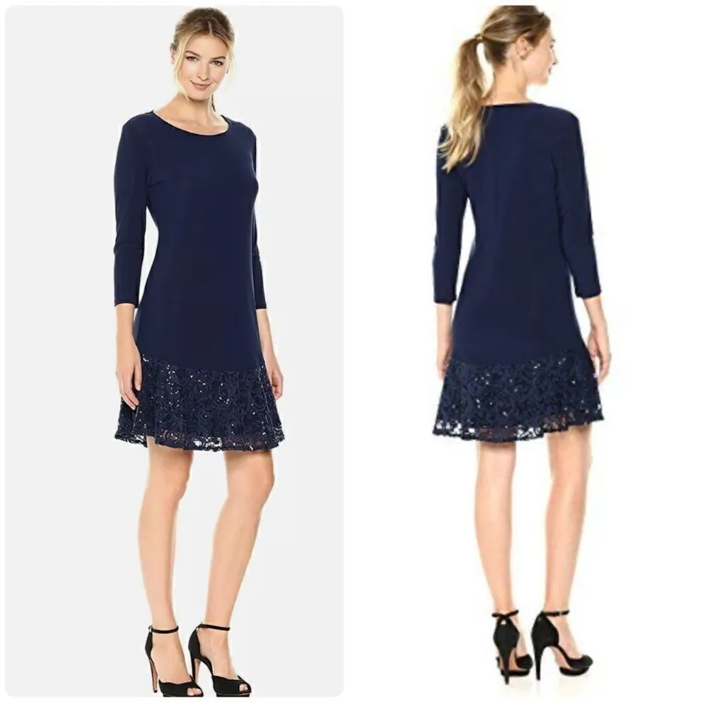 Tiana B Navy Lace/Sequin Flounce Hem Stretch Jersey Drop Waist A - Image 3