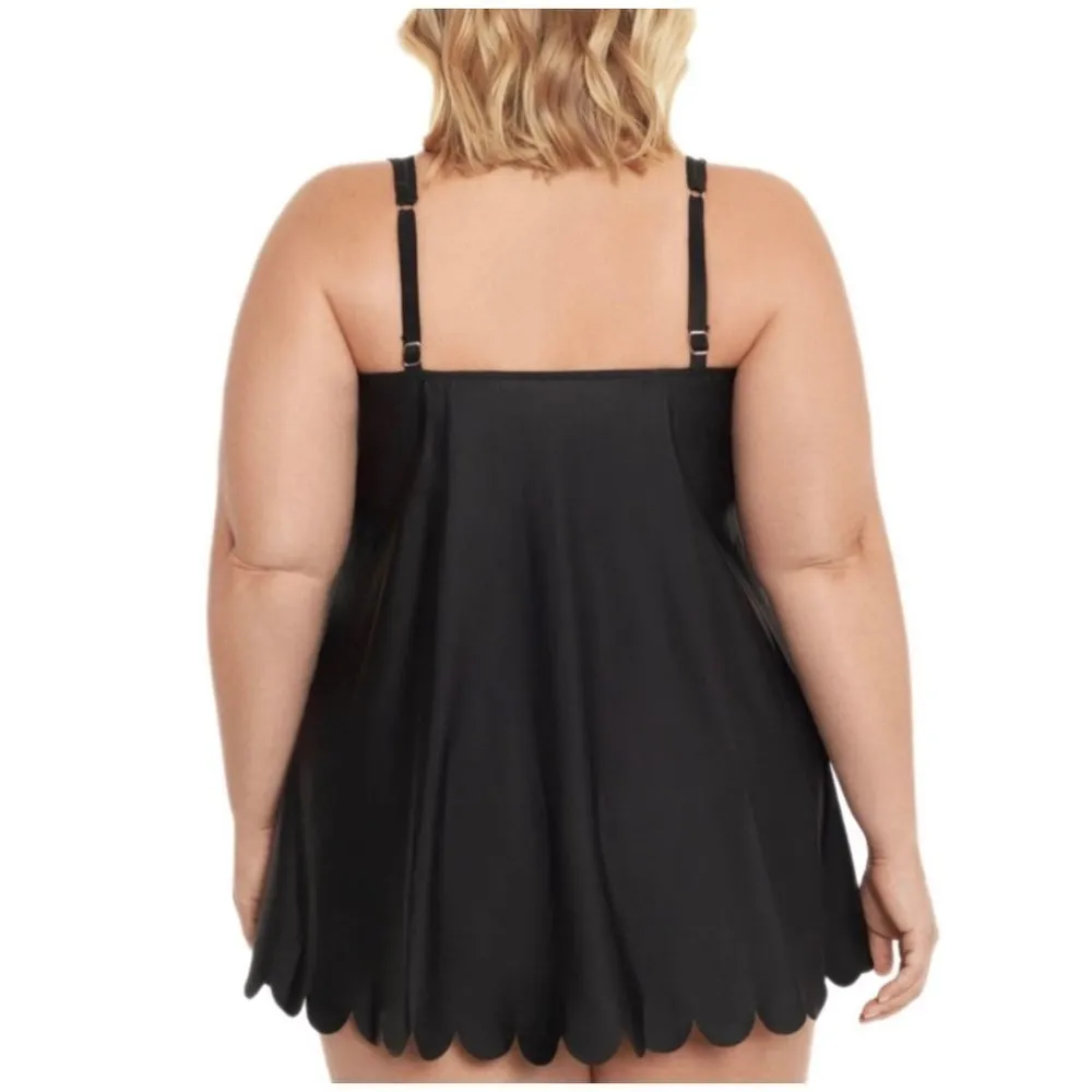 Swim Solutions Tummy Control Black Mesh Scalloped Hem Plus Size Swim Dress 24W - Image 2