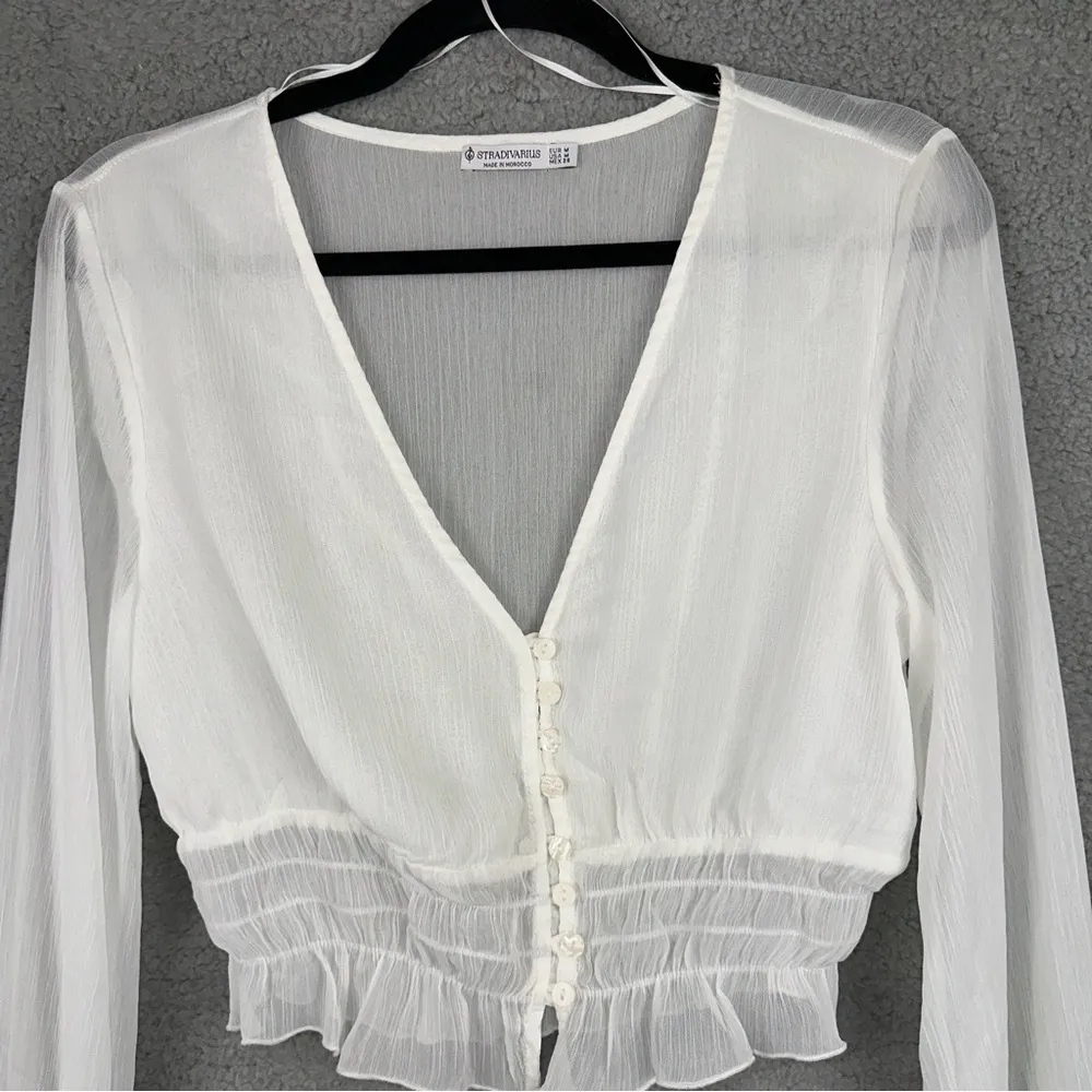 Stradivarius Top Medium White V-Neck Womens Smocked Lace Hem Sheer Crop Blouse - Image 4