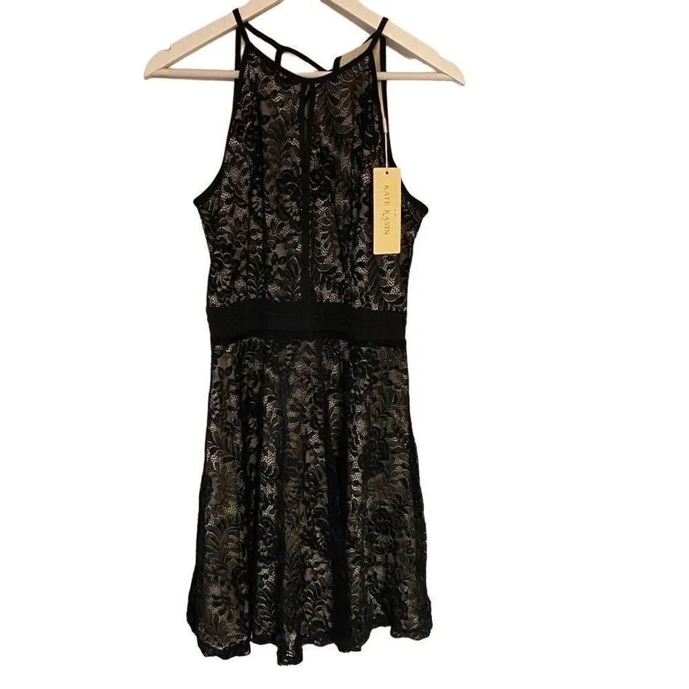 Kate Kasin NWT Black Lace Dress Medium Formal Sleeveless Nude Lining Y2K Vibes Black - Image 5