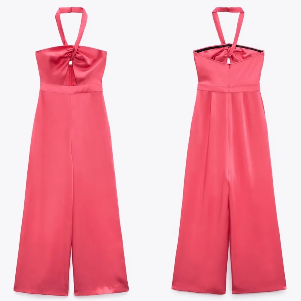 Zara SATIN EFFECT CUT OUT DETAIL HALTER WIDE LEG JUMPSUIT RED SIZE L NEW - Image 7