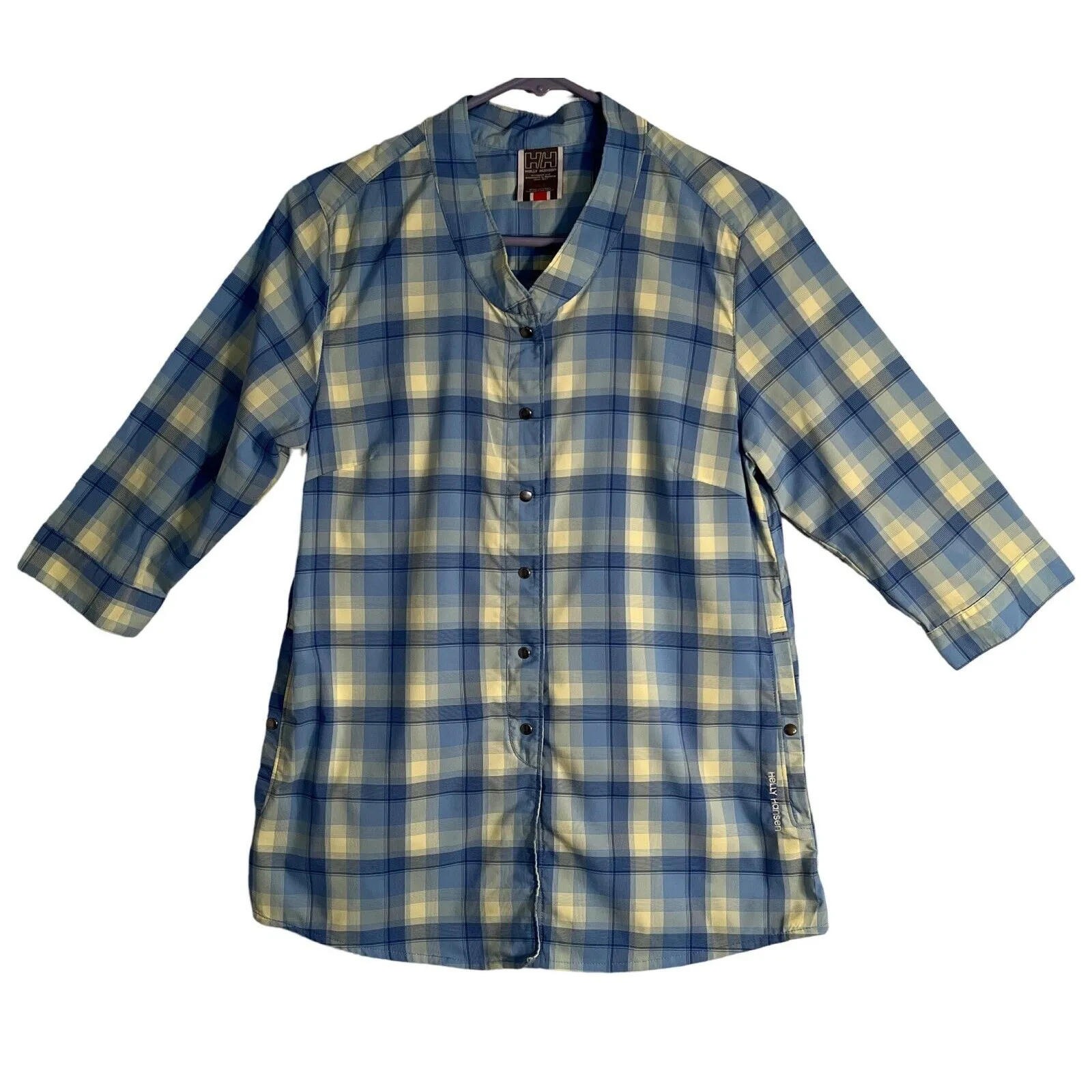 HELLY HANSEN Womens Shirt Size S Blue Plaid Snap Close Pockets 3/4 Sleeve - Image 1
