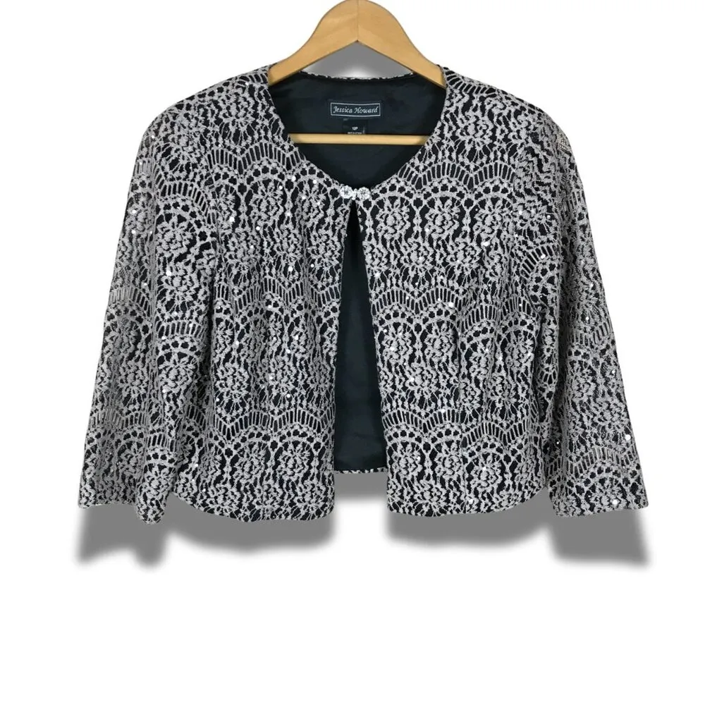 JESSICA HOWARD Tan/Black Lace Shrug Cardigan, 12P - Image 4