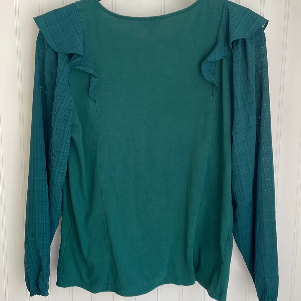 J. CREW Green Long Sleeve Blouse Ruffle-shoulder with plaid sheer sleeves size S - Image 5