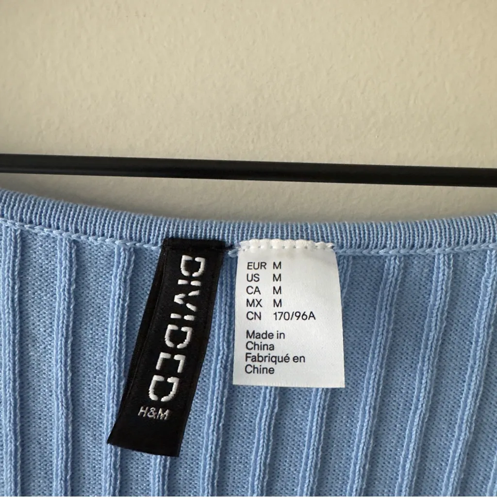 H&M Divided Light Blue Ribbed Midi Dress Slit Sides Short Sleeve Sweetheart EUC - Image 8