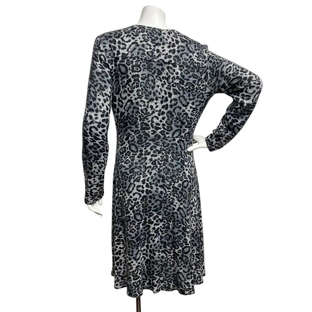 SPENSE Medium Faux Wrap Heather Gray Animal Print Dress Casual Dinner Romantic - Image 5