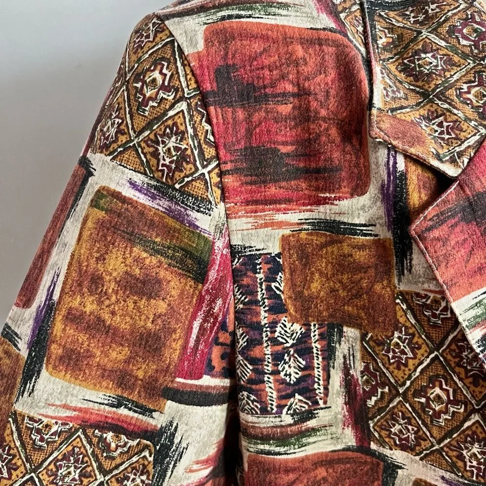 VINTAGE 80s unique patchwork print earthy abstract block ethnic blazer jacket Orange Size 8 - Image 10