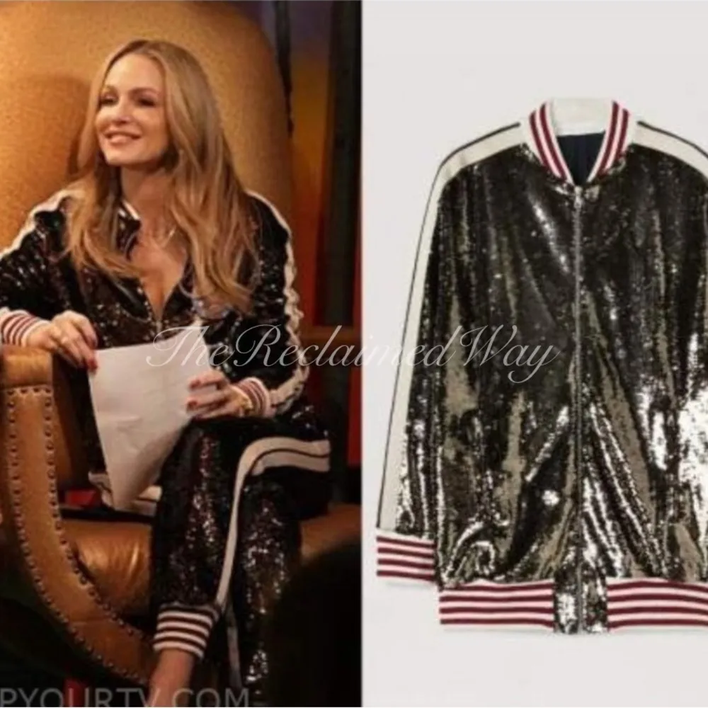 Palm Angels Sequin Track Jacket Zip Up Striped Oversized Coat Chocolate Brown - Image 12