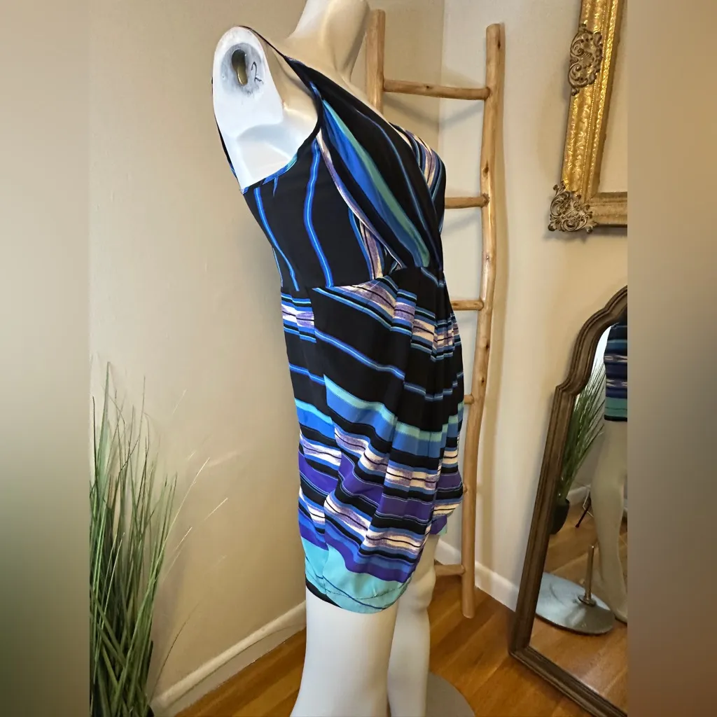 Yumi Kim 100% Silk Faux Wrap Mini Dress Stripe Black Blue White Purple Size L - Image 2