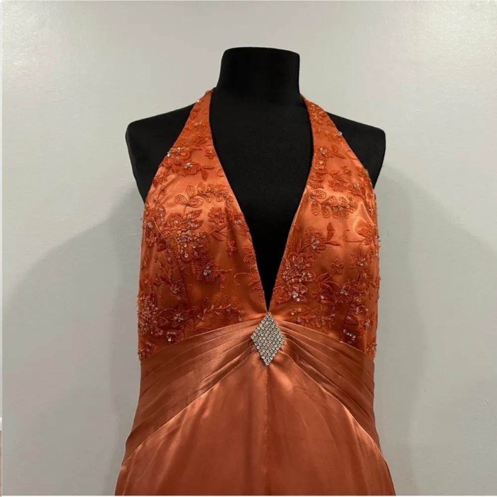 Ciré A Division of Landa Flame Orange Plunge Neck Halter Gown 16 Y2K - Image 2
