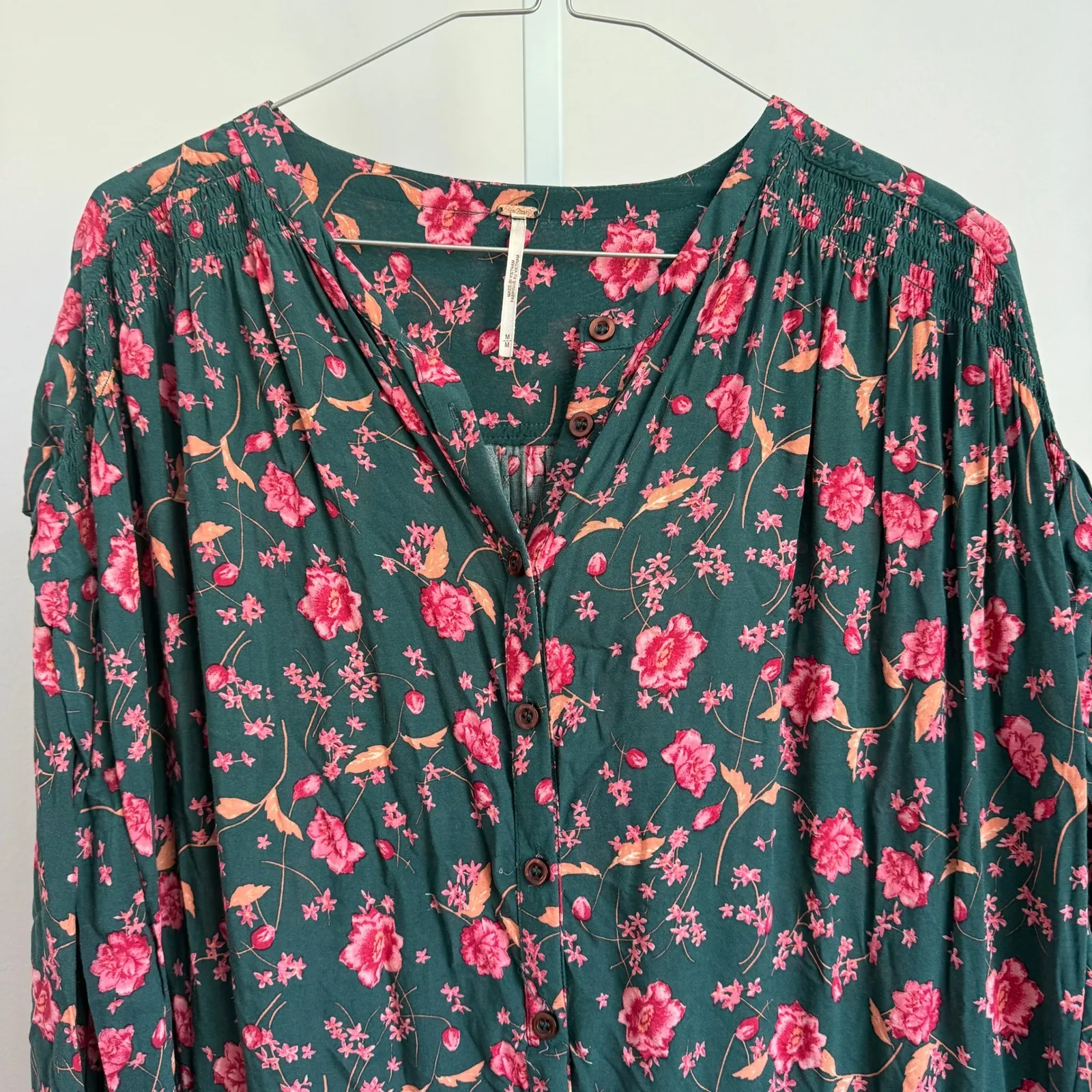 Free People Floral Mini Babydoll Dress Button Front‎ Long Sleeve Green Pink M - Image 4