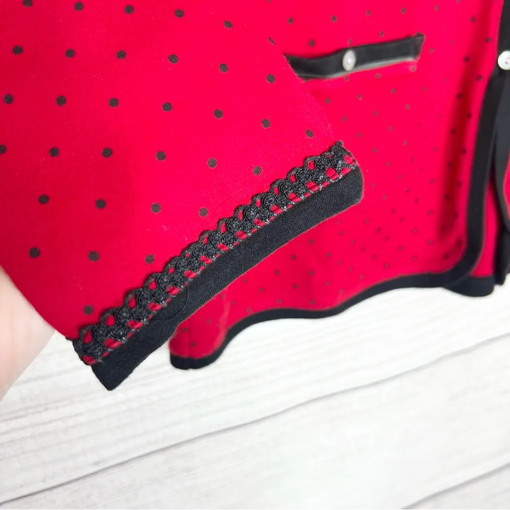 Ellen Tracy Red Polka Dot Black Trim Button Down Cardigan Sweater Top Size Small - Image 4
