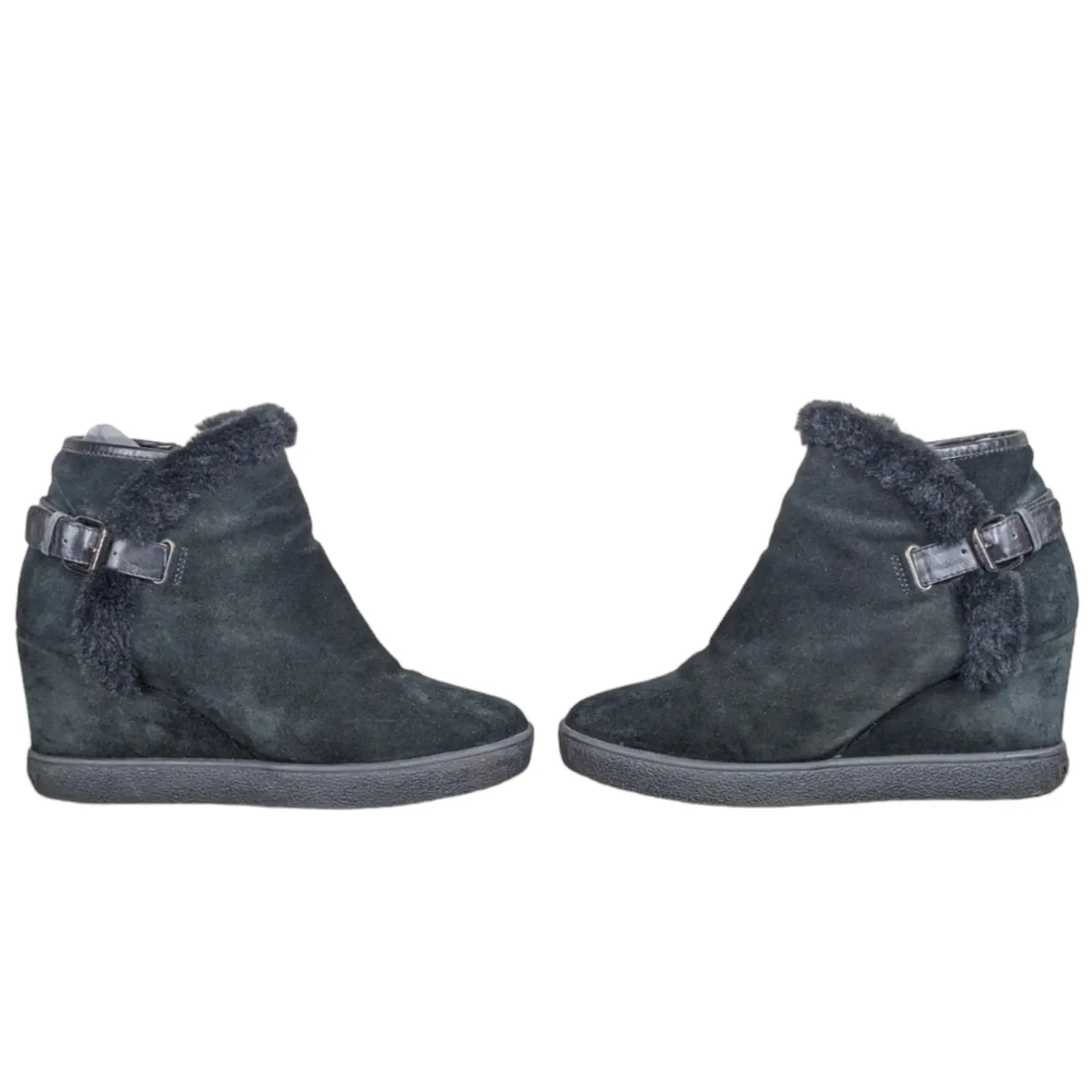 Aquatalia Cameron Ankle Boots Black Faux-Fur-Trimmed Suede Wedge 10.5 - Image 2