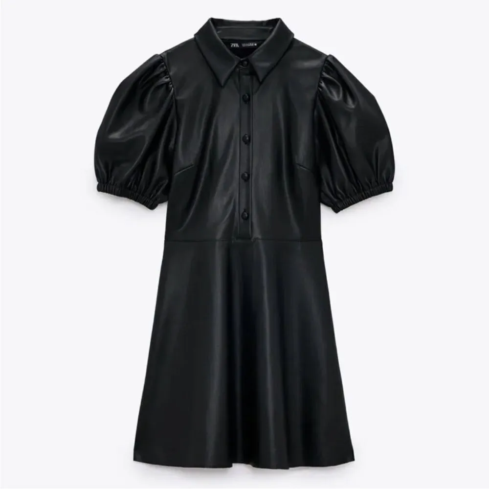NWT ZARA Bloggers WOMAN FAUX LEATHER MINI DRESS PUFF SLEEVES Size S - Image 2