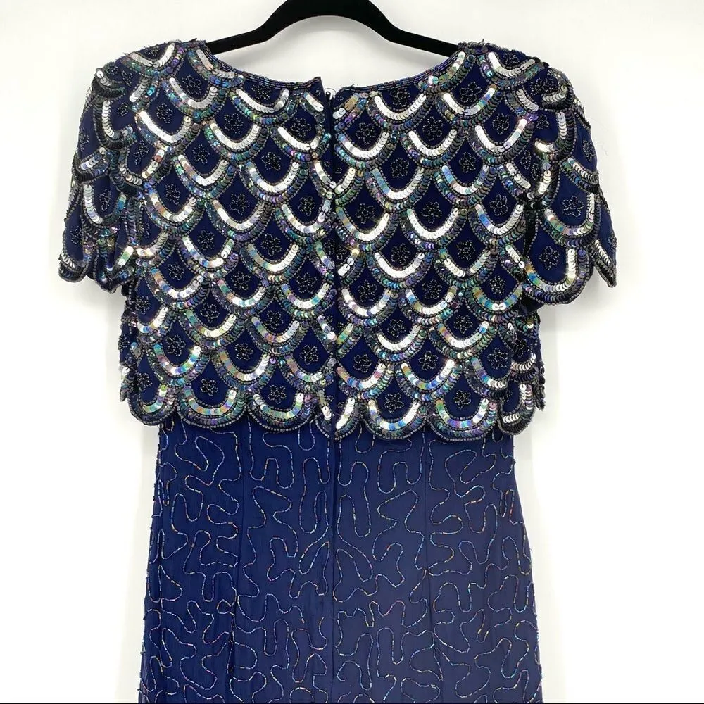 STENAY silk heavily beaded dress sequins cocktail cruise wedding size 2 vintage Silver - Image 5